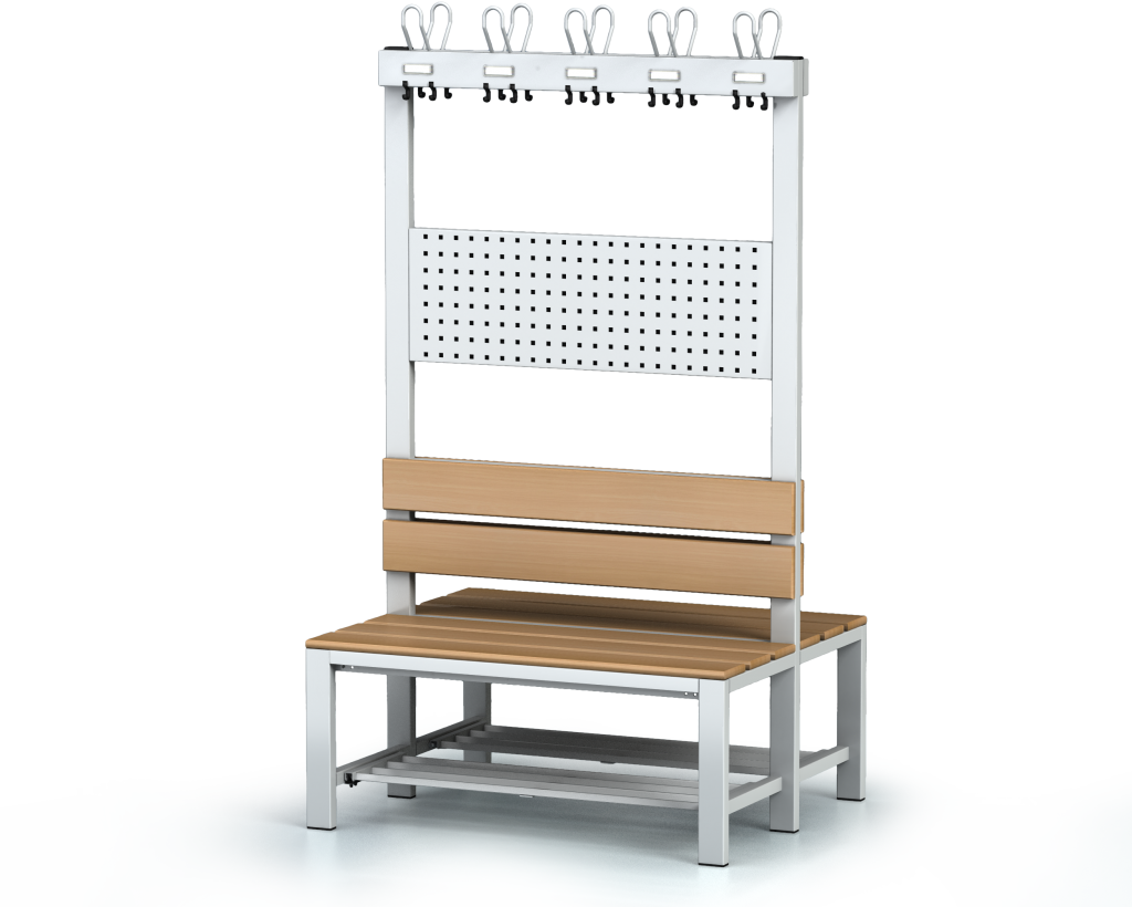 Oboustranná lavice s opěradlem a věšáky, bukové latě - se sklopným roštem 1800 x 1000 x 830